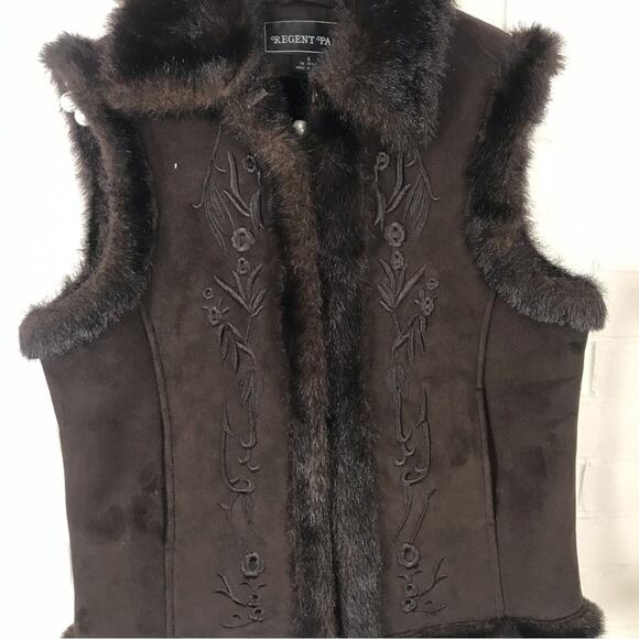 Vintage Regent Park Faux Suede Faux Fur Brown Embroidered Vest Size S - Picture 3 of 14